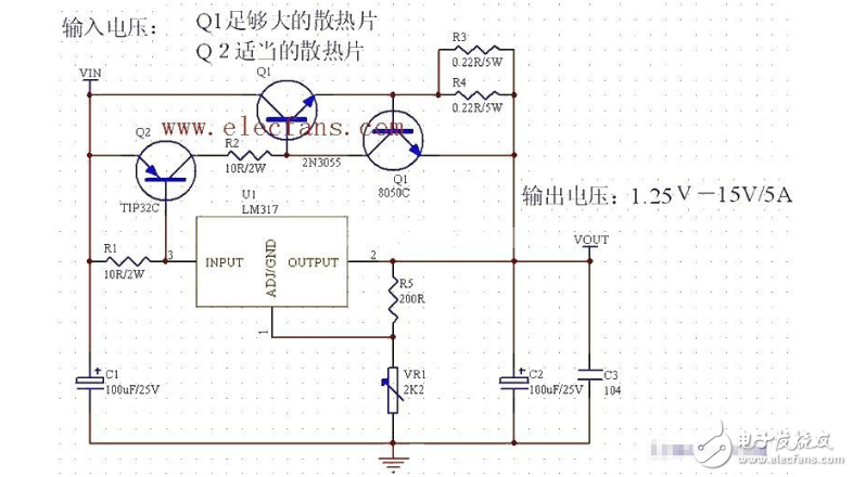 如图2n3055用作扩流,由于5a电流存在危险,最好两个并联使用,比较