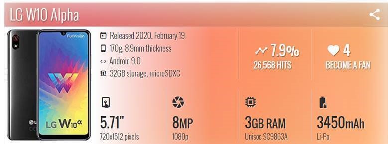 LG 新款智能手机W10 Alpha 搭载紫光展锐SC9863A芯片