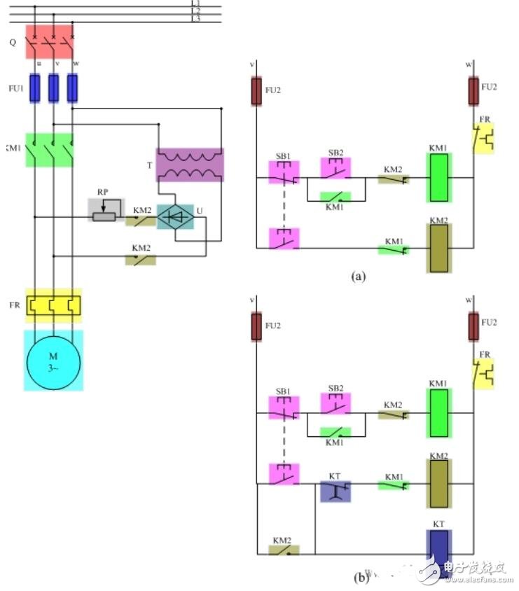 时间继电器控制电动机能耗制动线路图