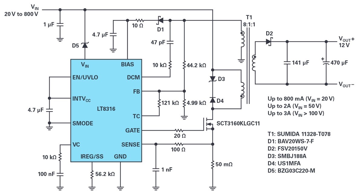 将600 V输入、非光耦合器隔离反激式控制器的电源电压扩展至800 V或更高