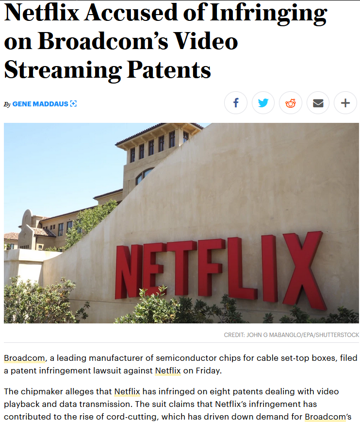 拿我技术抢我用户！博通起诉Netflix侵权