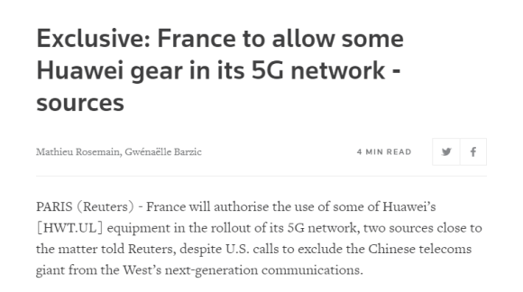 法国或允许部分华为设备进入5G网络，英国和德国此前已经表态！
