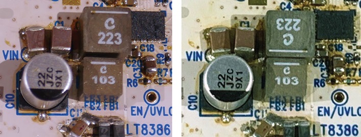 Figure 5. Coilcraft XAL6060-223MEB inductor orientation emissions testing with a DC3008A LT8386 LED driver. An L1 Orientation 1 (left) with short terminal on the SW node and L1 Orientation 2 (right) with long terminal on the SW node. Emissions results are shown in Figure 6 through Figure 8.