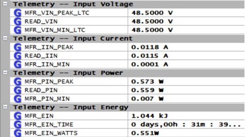 Figure 15. View of telemetry related to input supply voltage, current, power, and energy.
