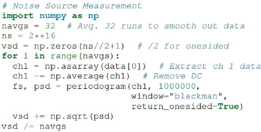 Figure 20. Python noise source measurement code for the ADALM2000.