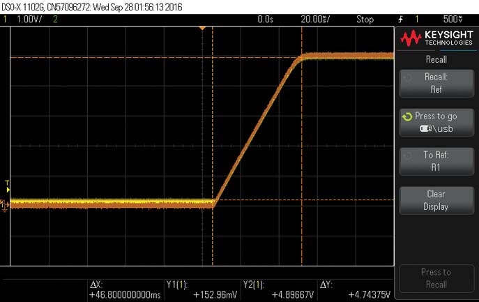 Figure 4. The LT8640. C8 = 0.1 μF, with a startup time of ~50 ms for 0 A (yellow) and 4 A (brown) load currents.