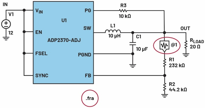 图1 在开关稳压器电路中添加频率响应分析仪，以便进行波特图仿真