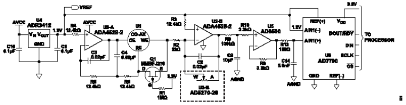 使用电化学传感器的低噪声、单电源有毒气体探测器，集成可编程增益TIA，可用于快速原型制作