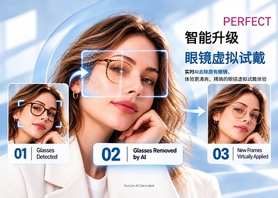 玩美移动推出AI眼镜去除,免摘镜虚拟试戴镜框